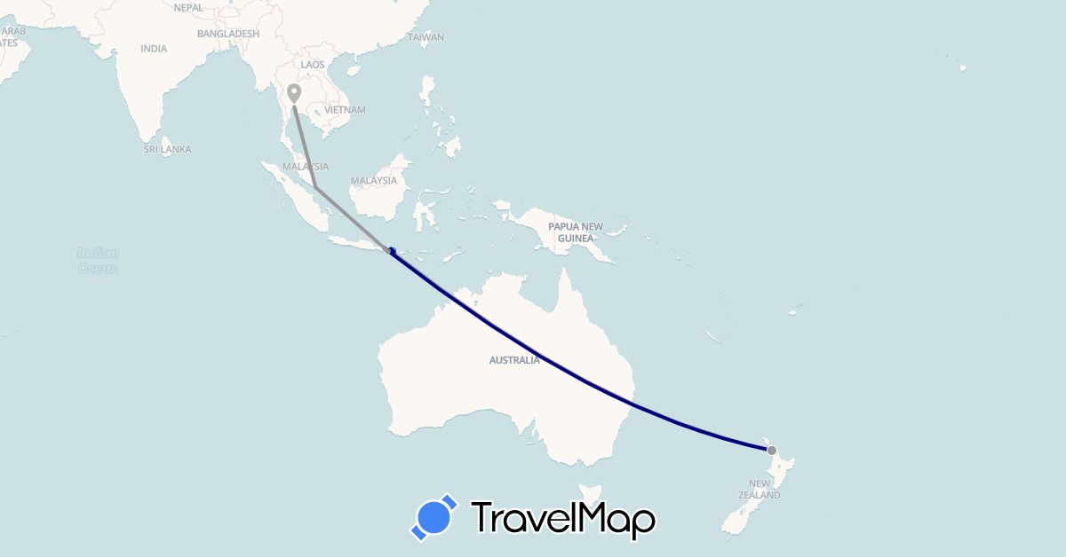 TravelMap itinerary: driving, plane, boat in Indonesia, New Zealand, Singapore, Thailand (Asia, Oceania)